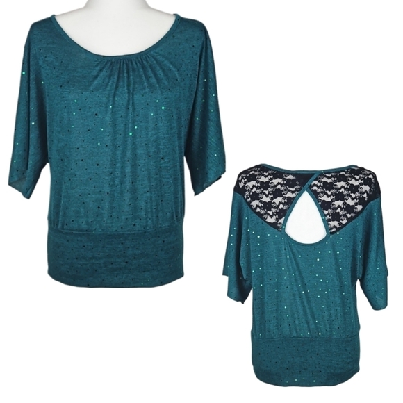 Lace-Back Sparkle Sequin Blouse in Forest Green & Black, Size L - Picture 1 of 7